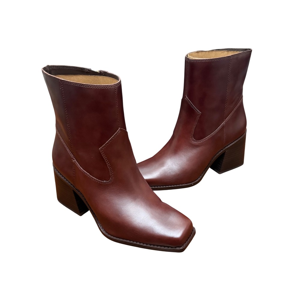Vince Camuto Sybren Ankle Boots Women 7.5 Mahogany Leather Square Toe Block Heel